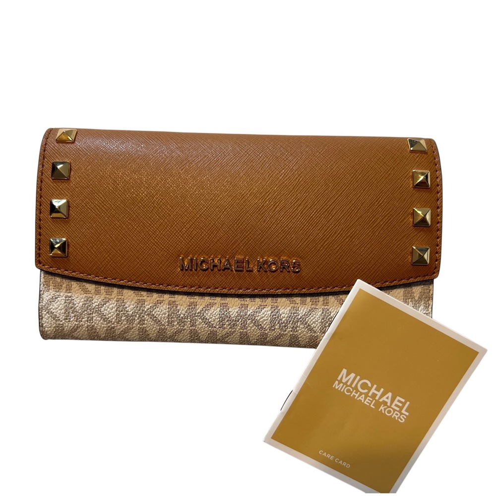 Michael Kors Studded Jet Set Travel Continental Wallet Brown MK Logo